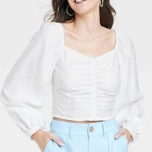 A New Day White Ruched Puff Sleeve Blouse